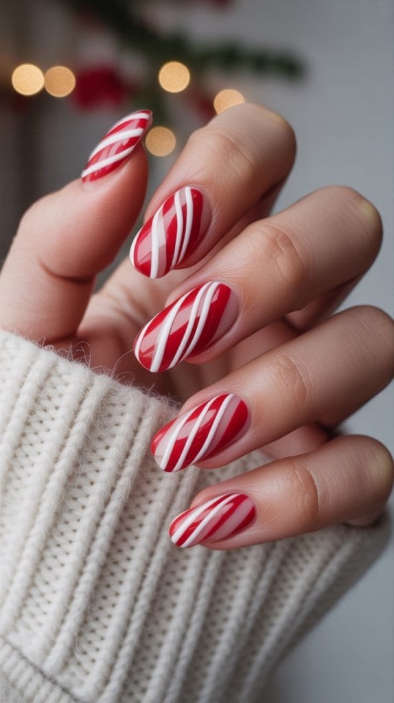 Red and white candy cane striped gel nail art