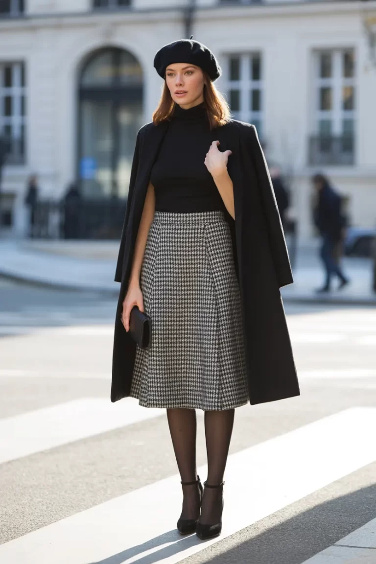 Woman with a black coat draped over her shoulders, black turtleneck, houndstooth midi skirt and beret