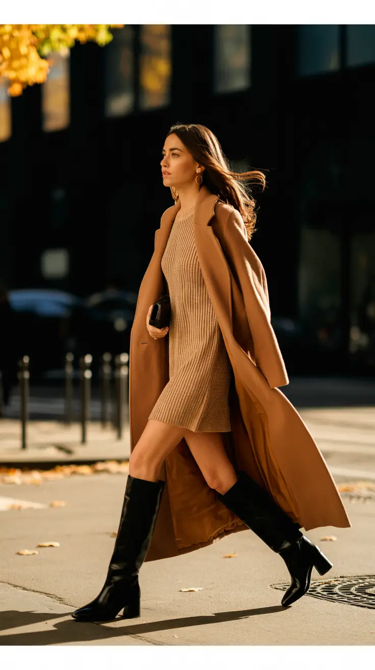 Woman in a camel ribbed knit dress, long camel coat and black knee-high boots holding a black clutch