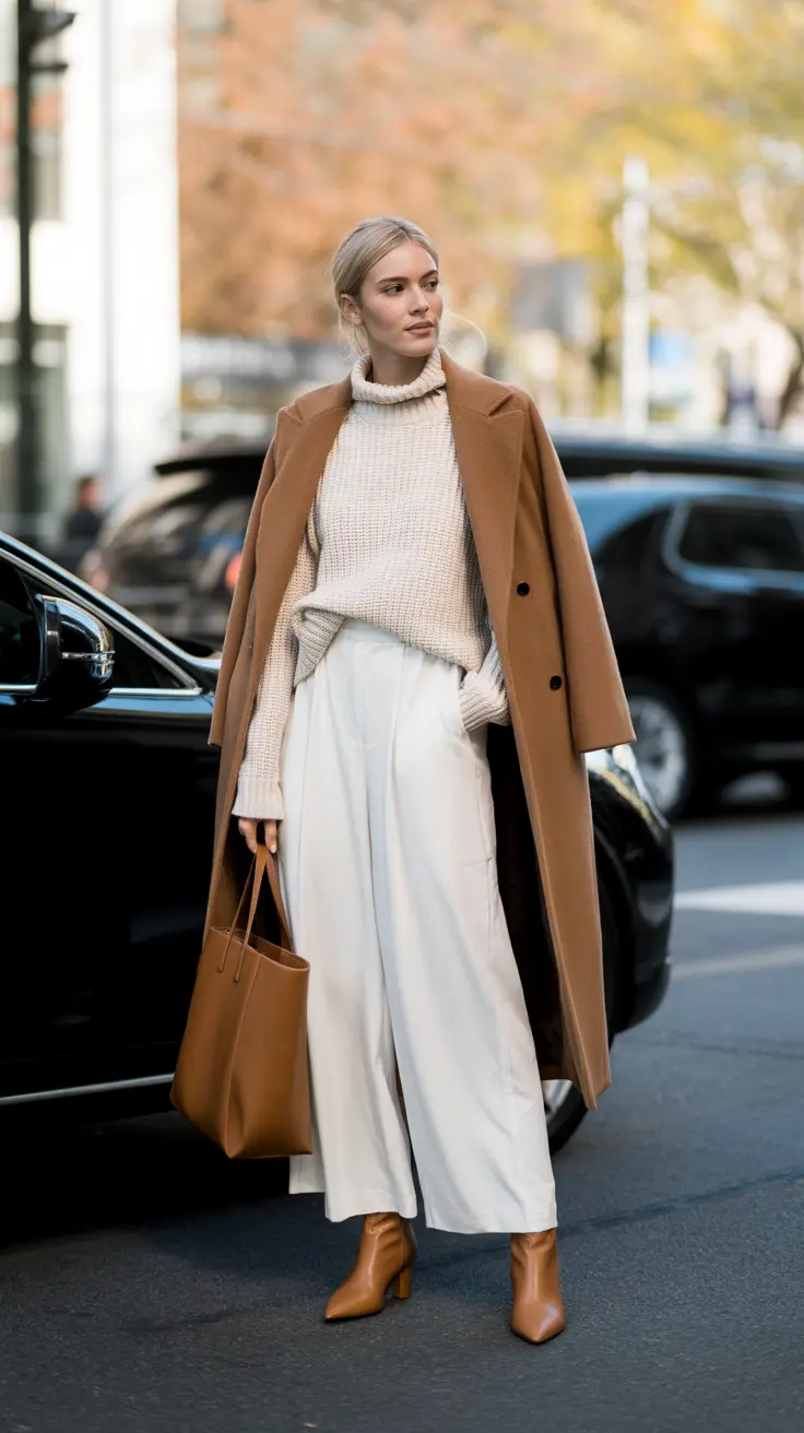 Woman wearing a camel car coat in a street-style look