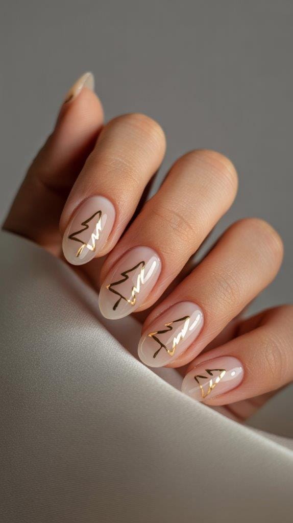 Nude almond gel nails with gold Christmas tree line art