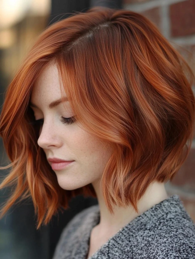 Chin-length copper auburn bob with soft waves and a side part