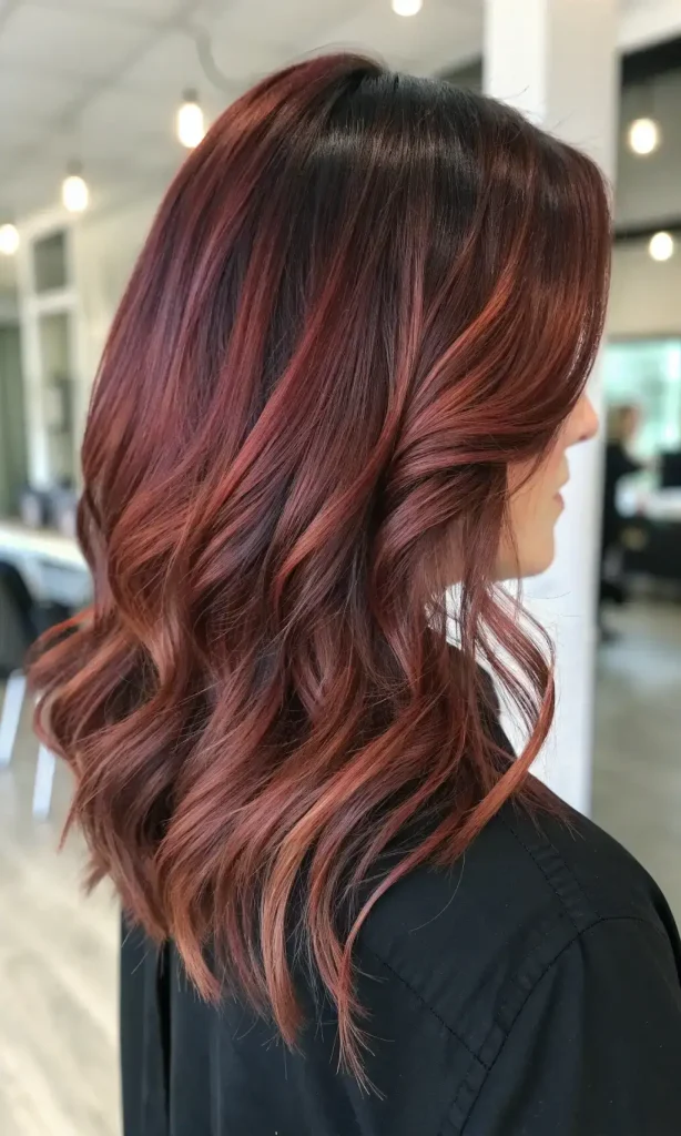 Side view of a wavy lob with copper-cherry balayage ribbons