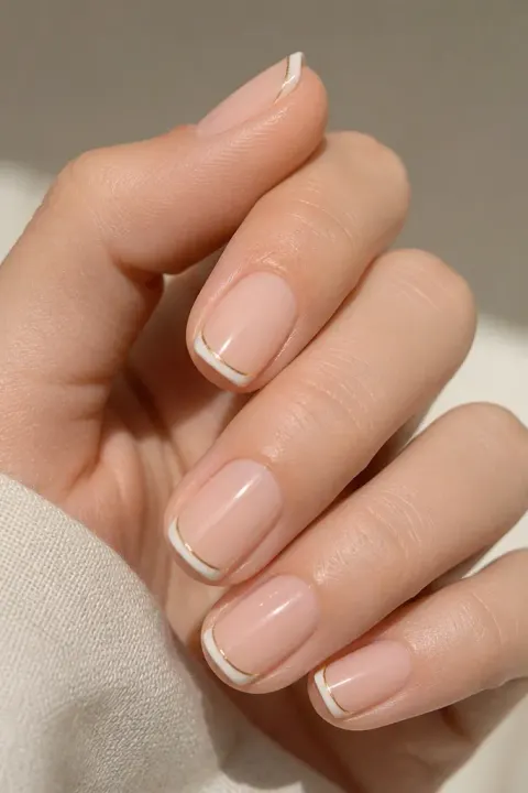 Short nude nails with ultra-thin white French tips edged in gold