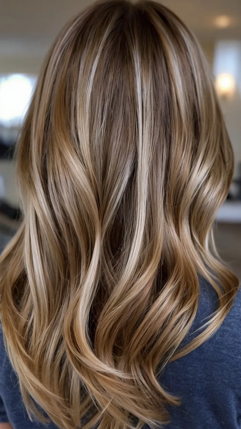 Layered waves in dark blonde hair with bronze lowlights