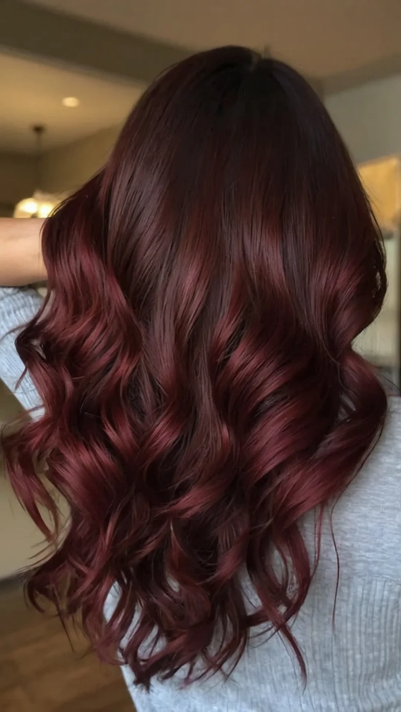 Cherry cola color melt on long layered dark hair