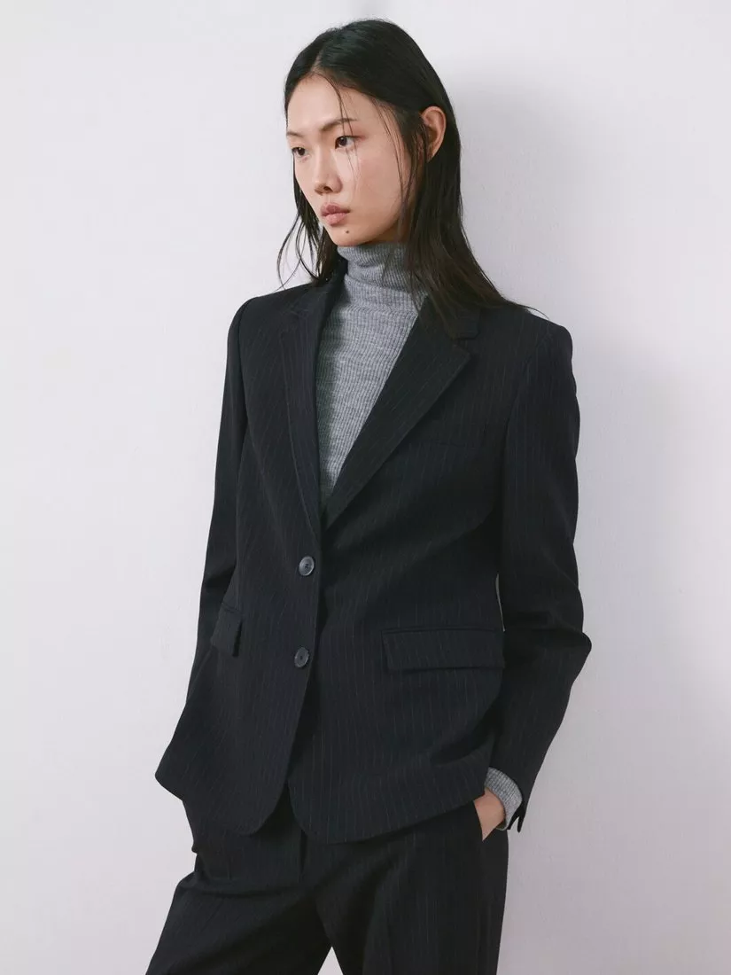 Sharp Lines: A Pinstripe Blazer with a Gray Turtleneck and Tailored Pants