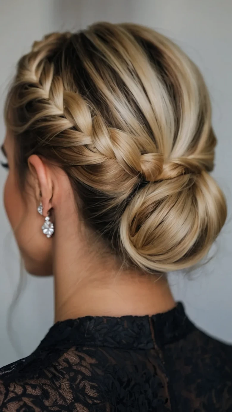 A french braid from the crown that coils into a soft low bun