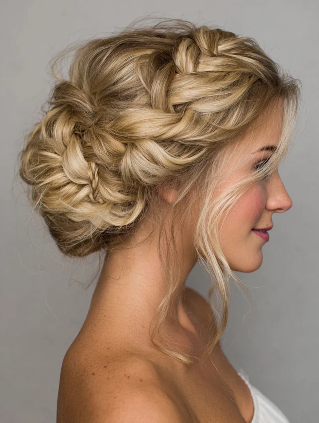 Side-back view of a dark blonde updo with a chunky braid woven along the crown/side into a low bun.