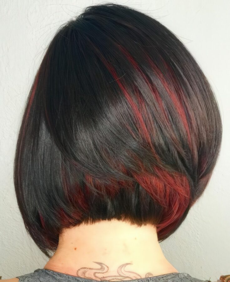 Black bob with red peekaboo highlights
