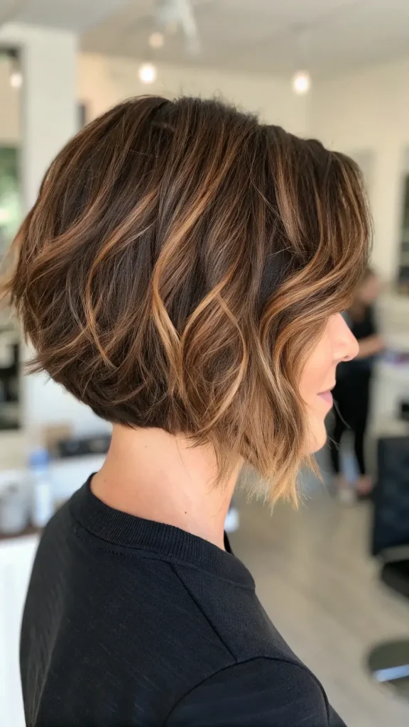 Wavy bob with middle part and caramel highlights