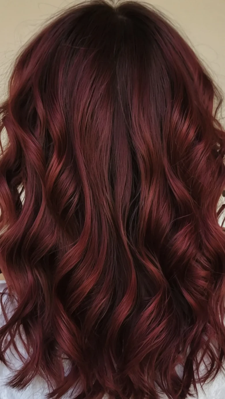 Wavy cherry-burgundy hair with warm copper undertones, back view