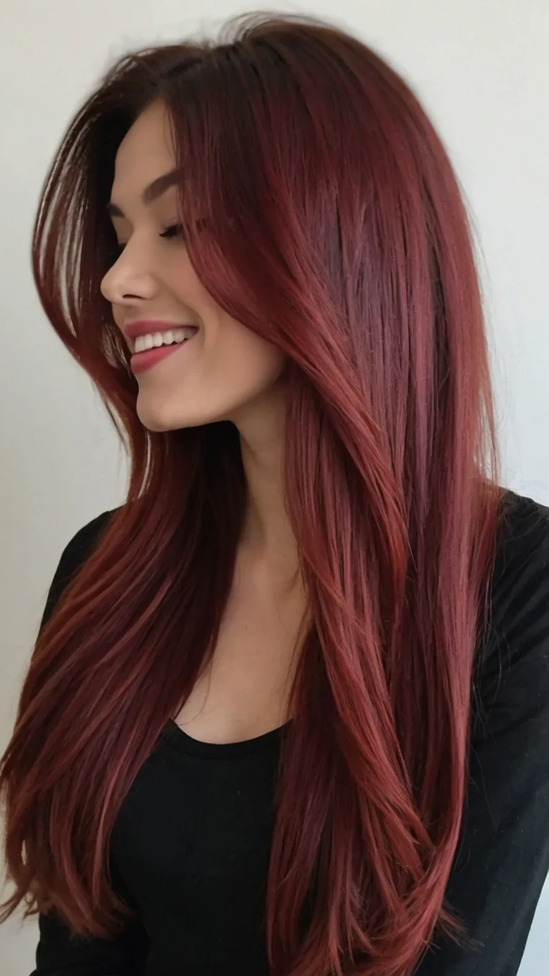 Mahogany cherry cola hair color on mid-length hair
