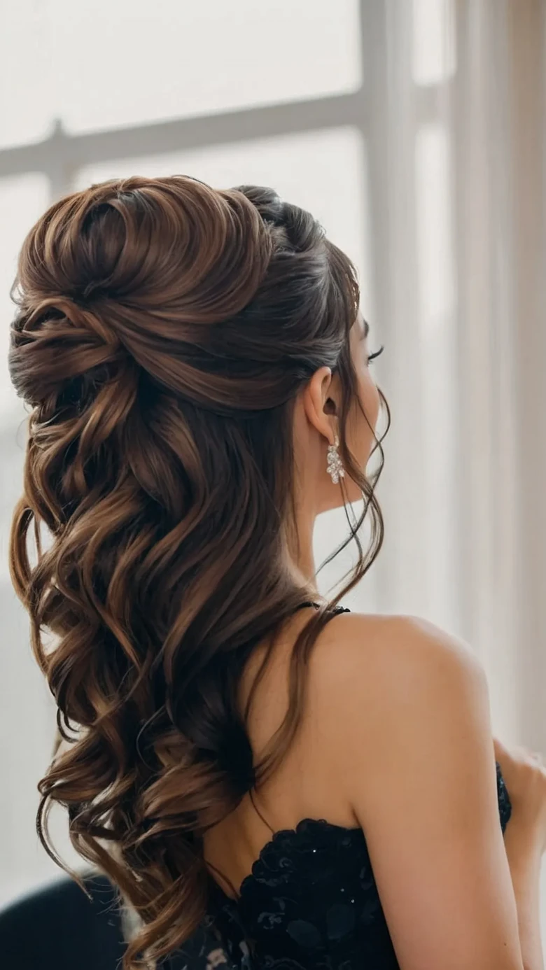 Twisted half-up crown with long cascading curls in brunette balayage
