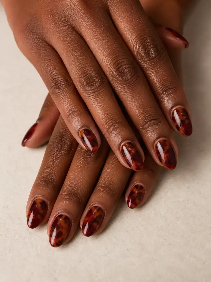 Almond nails in cranberry-toned tortoiseshell with glossy amber and red marbling
