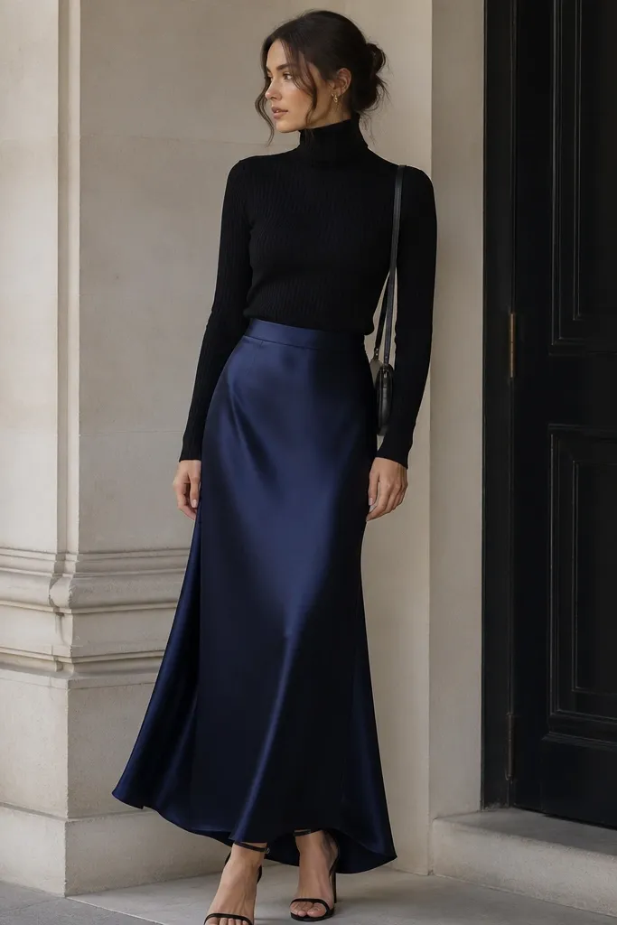 Woman in a black turtleneck with a navy satin maxi skirt and black heels