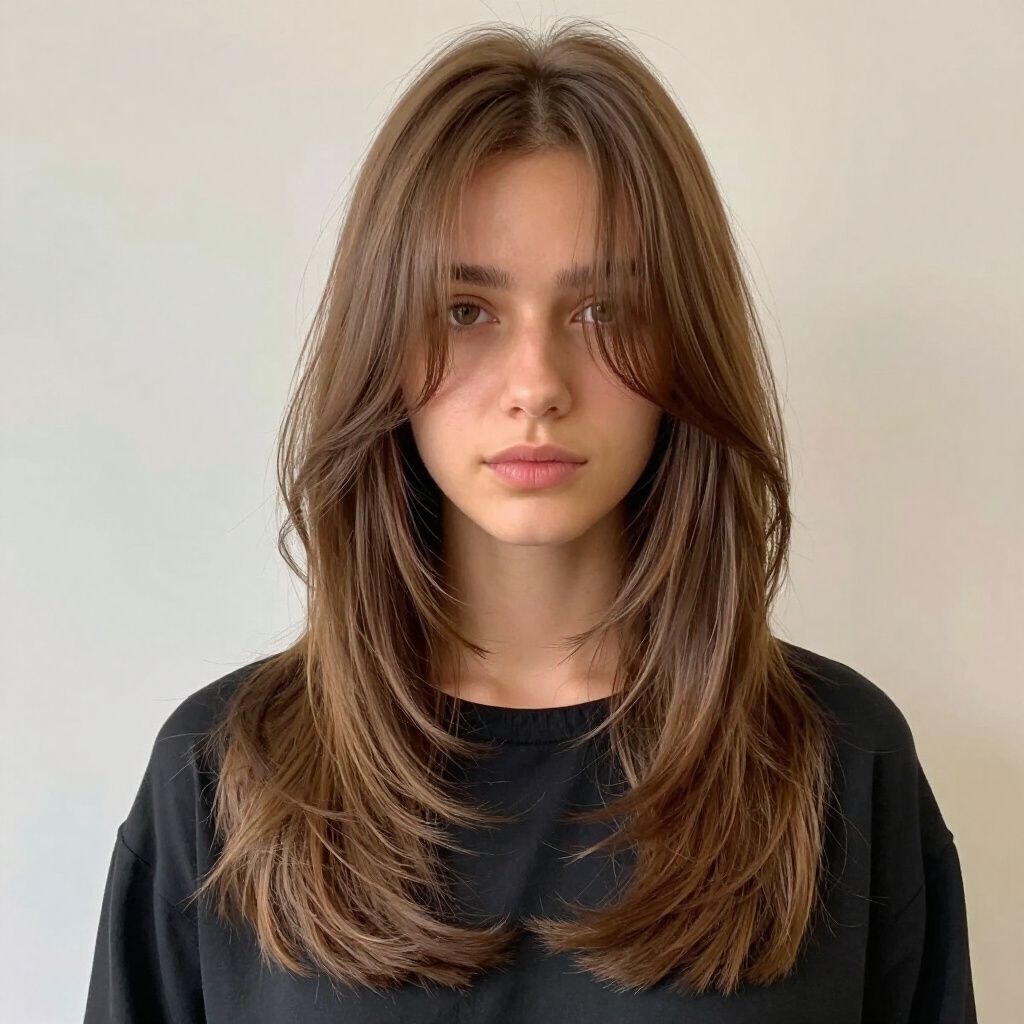 Long brown layered haircut with a soft center-parted curtain fringe