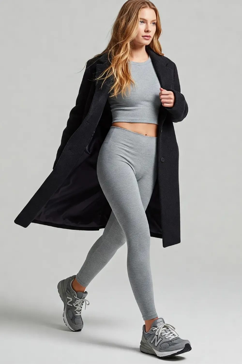 Woman wearing a black coat over a grey crop top and leggings with grey sneakers