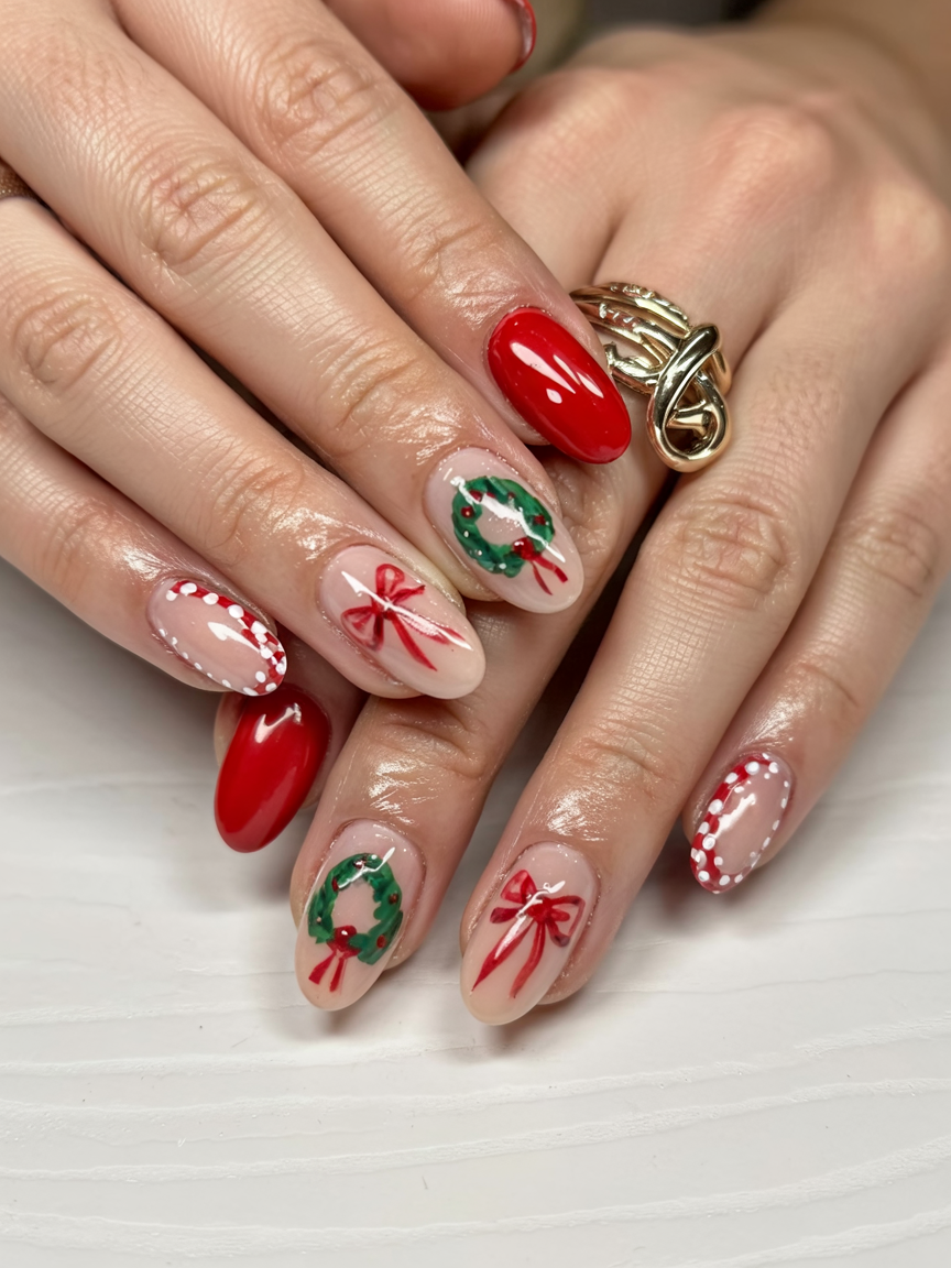 Sheer nude nails with painted Christmas wreaths, red bows and dotted candy-cane tips