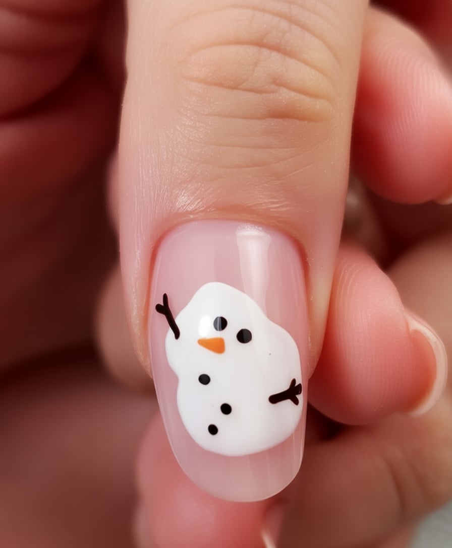 Close-up of a pink nail with a cute hand-painted snowman face
