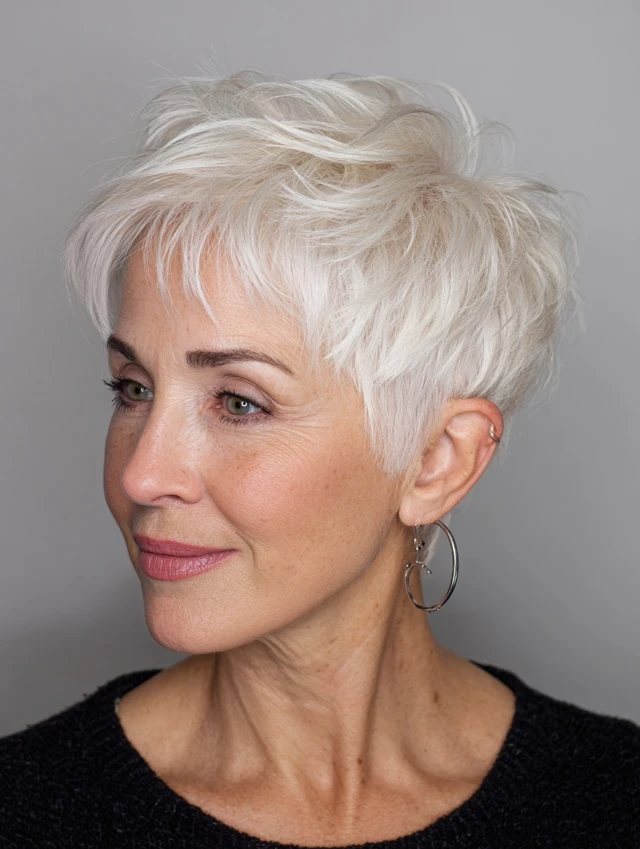 Older woman with a chin-length silver bob and curtain bangs