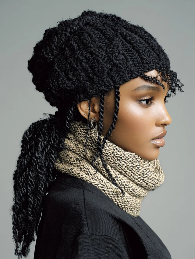 Woman in a black beanie with a dark twisted low ponytail
