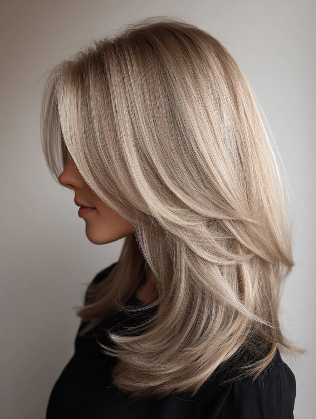 Side profile of cool ash blonde long layered hair with side-swept bangs