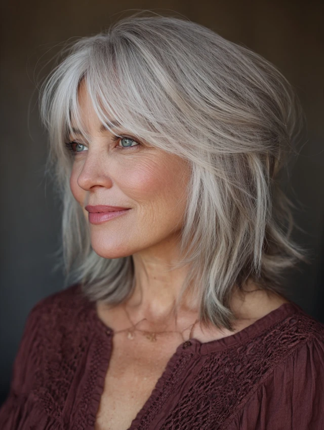 Choppy gray lob haircut with curtain fringe