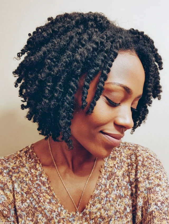 Chin-length two-strand twists with coily texture