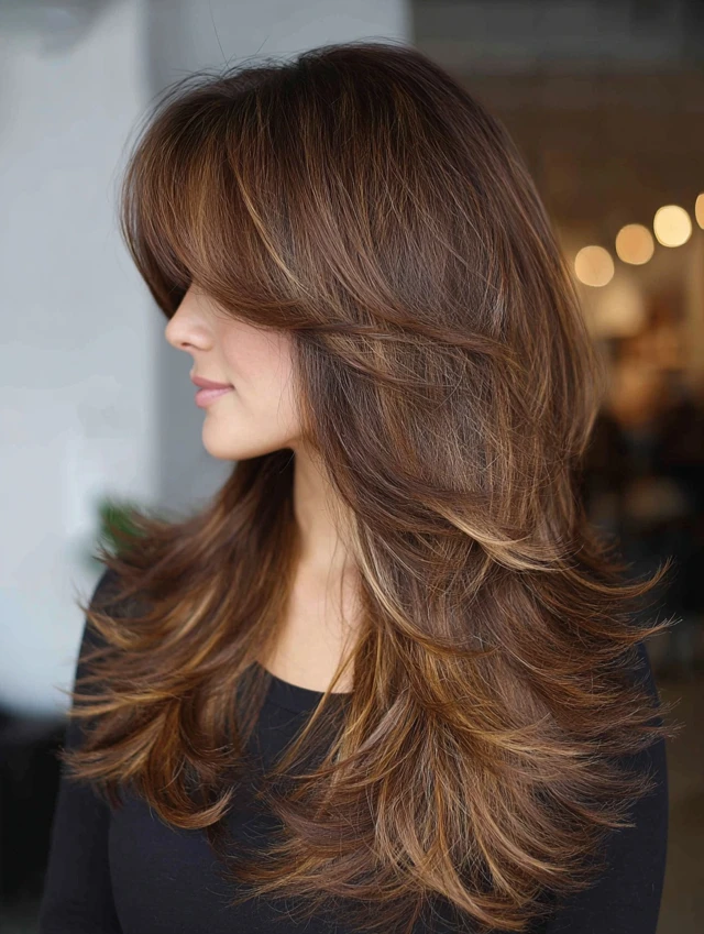 Brunette long layered hair with caramel balayage and curtain bangs
