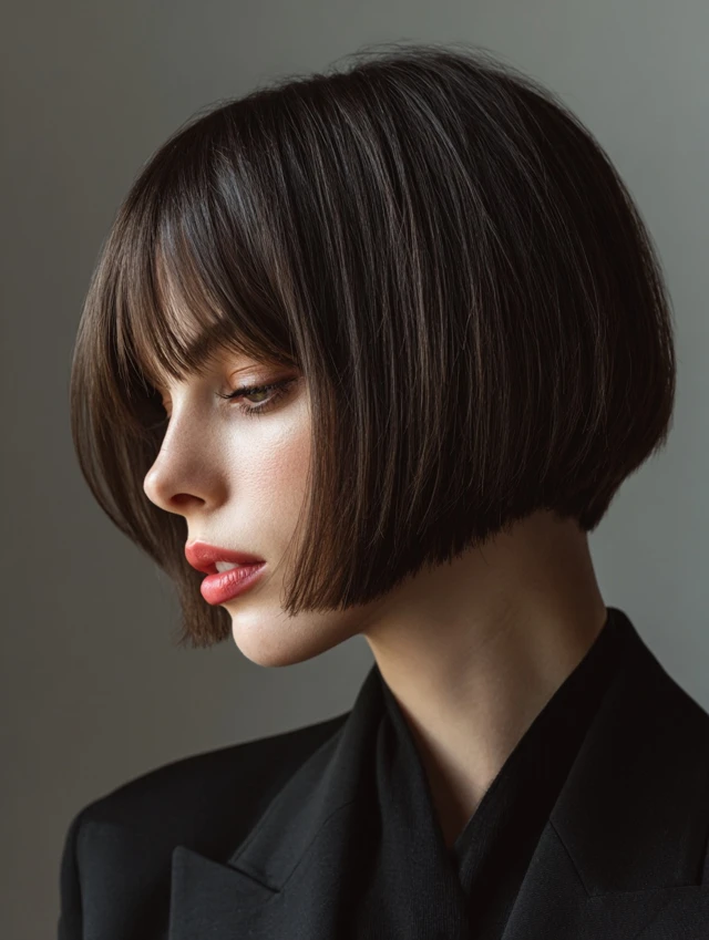 Sleek dark brown blunt bob with straight bangs