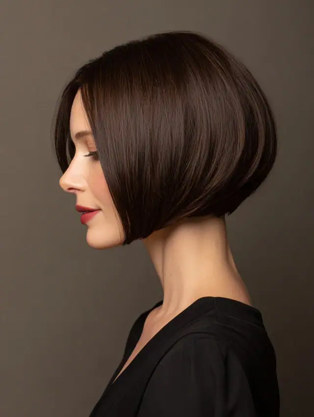 Stacked chin-length bob with a deep side part