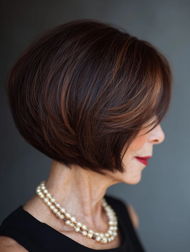 Dark brunette bob with glossy side part