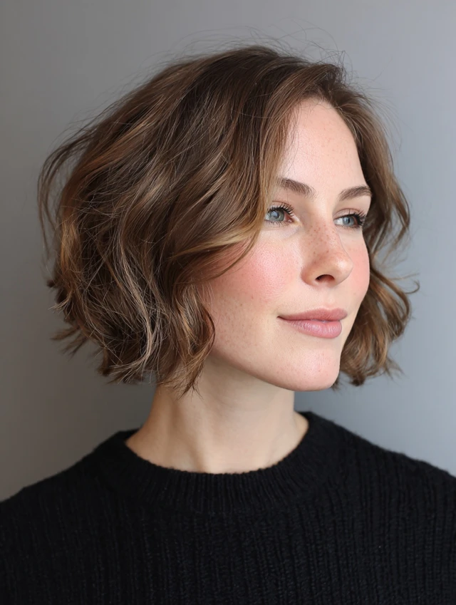 Brunette chin-length bob with curly texture and a side part