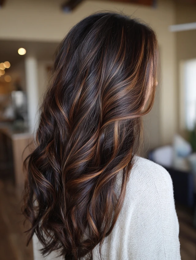 Dark cinnamon brown medium hair with warm highlights