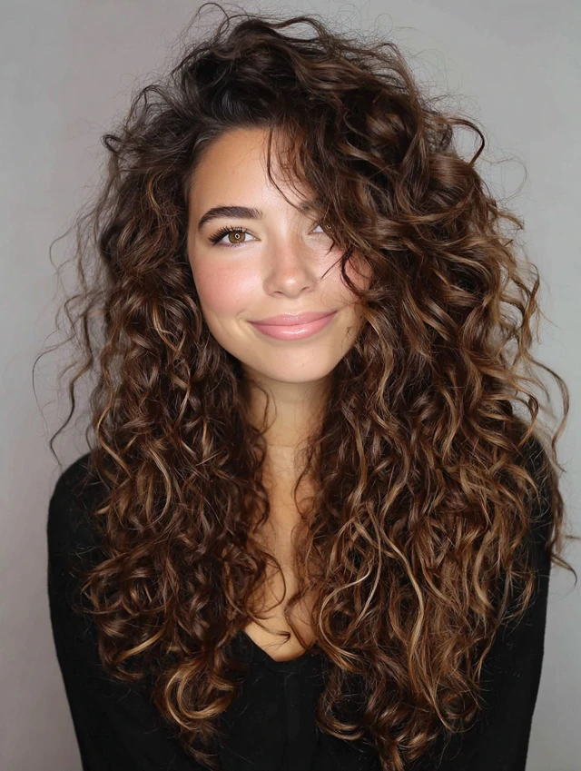 Very long curly hair with layers and caramel ribbon highlights
