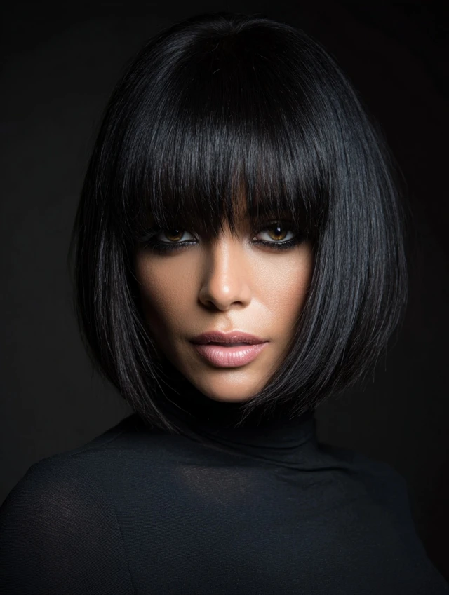 Black chin-length bob with straight blunt bangs
