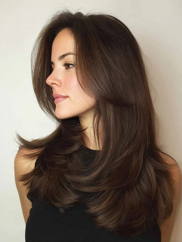 Woman with chestnut brown long layered hair styled in a bouncy 90s blowout