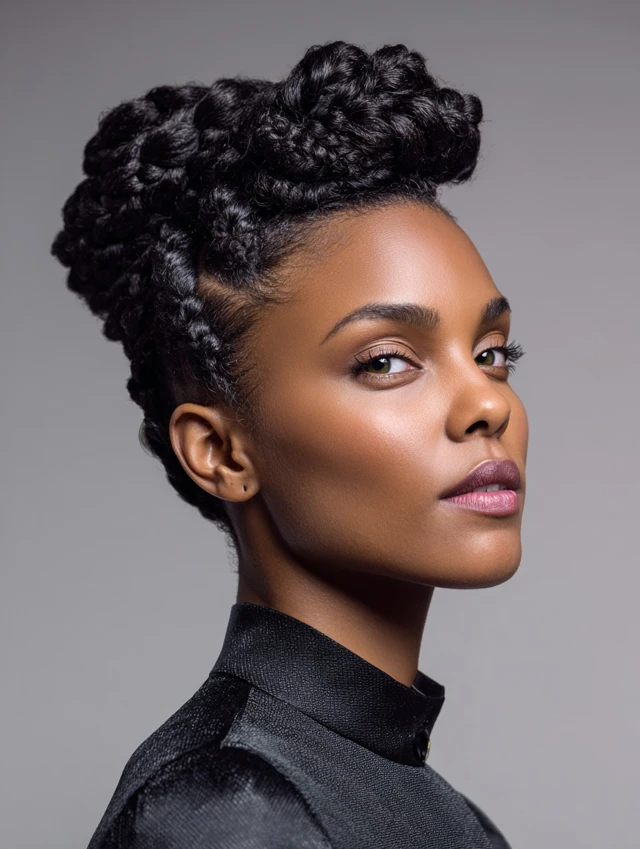 High braided topknot with a sleek, polished hairline