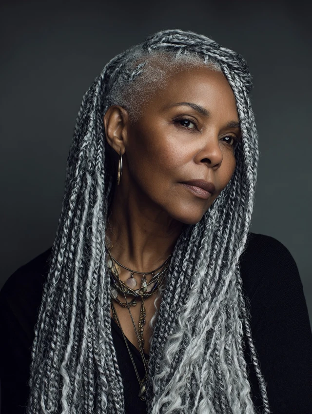 Long silver grey twists with curly ends