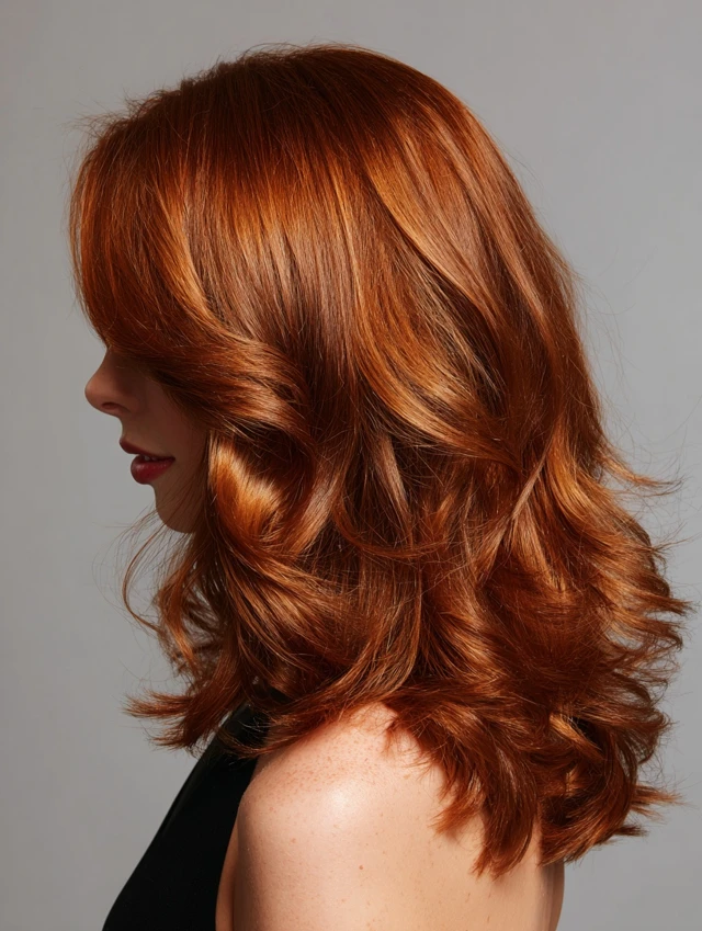 Auburn hair with golden copper highlights catching the light