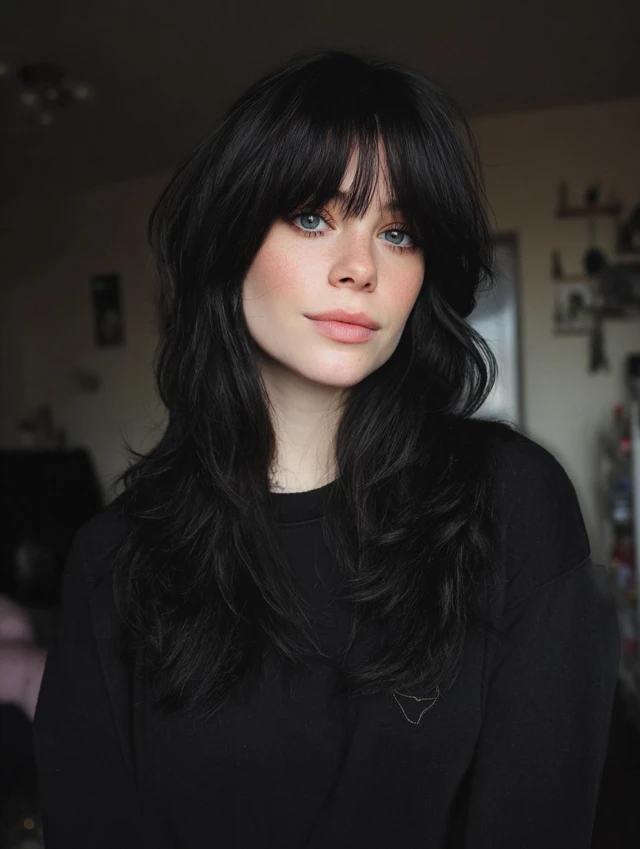 Black long layered haircut with wispy fringe