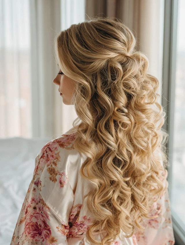 Half-up hairstyle with voluminous defined curls for a formal event