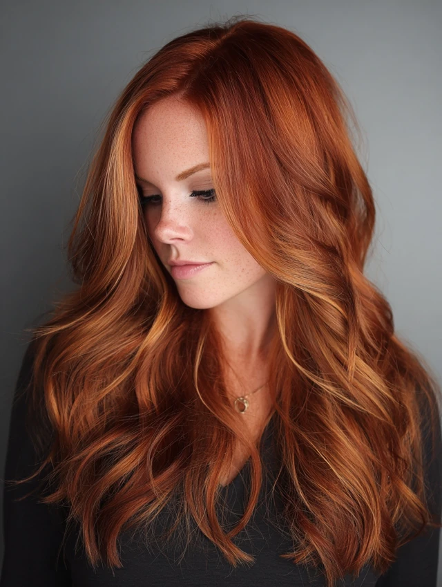 Fiery copper red hair with long layered waves