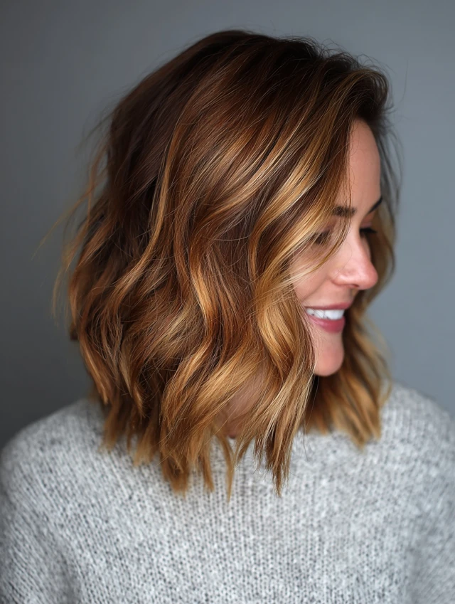 Wavy lob with honey balayage hair color