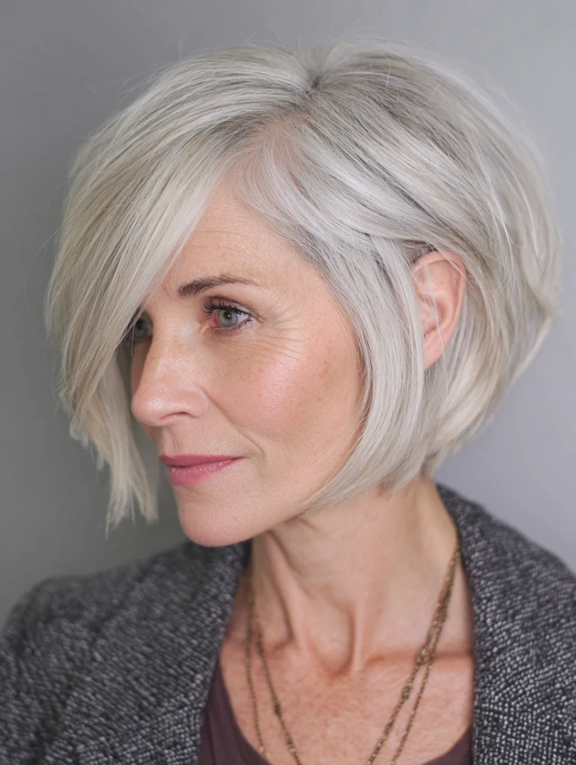 Older woman with an icy platinum stacked bob with face-framing layers