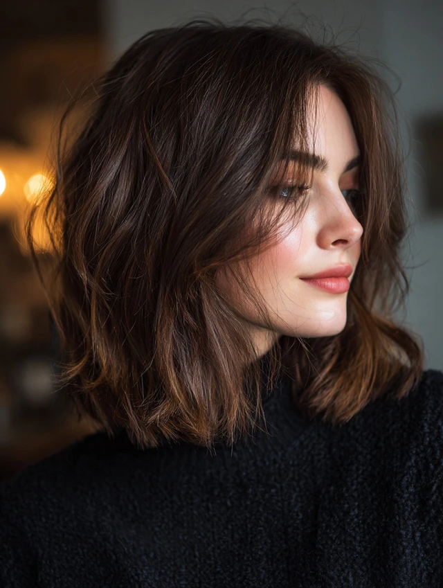 Espresso brown bob with curtain bangs and warm copper-toned ends