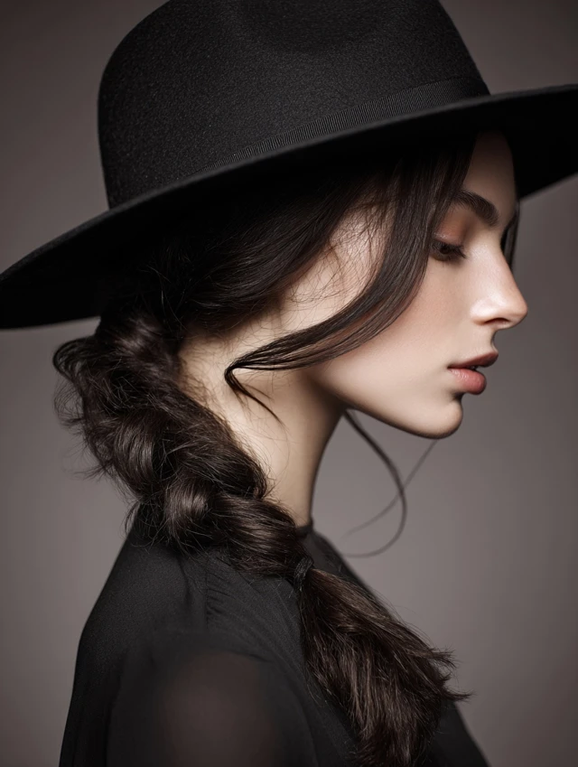 Woman in a black wide-brim fedora with a low dark side braid