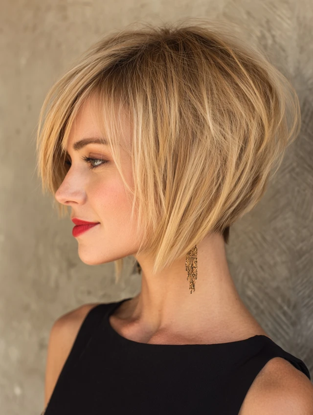 Golden blonde stacked bob with side-swept bangs