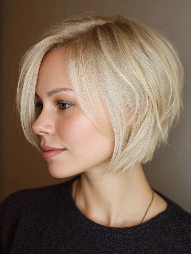 A woman with a platinum blonde soft bob